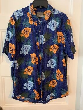 Burnside , Men's casual Floral Short-Sleeve Shirt - navy blue/light blue/orange